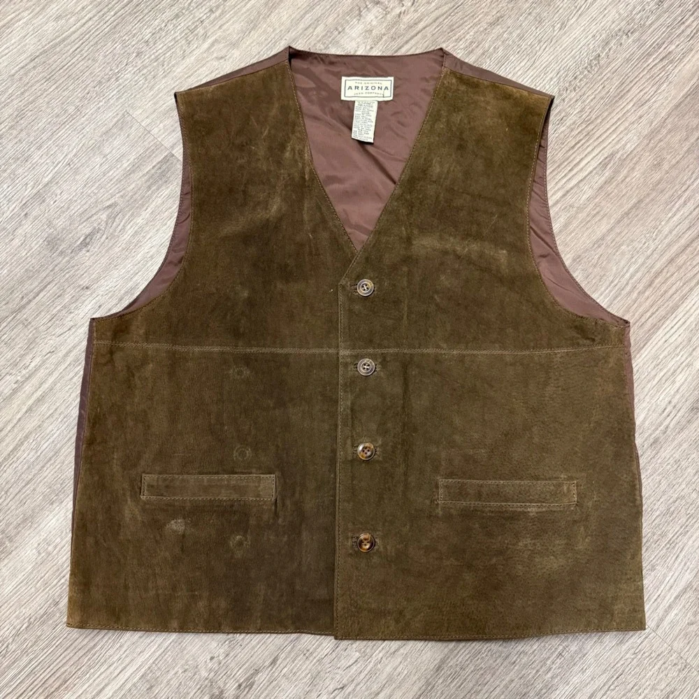 Arizona Jean Company Mens Large Brown Suede Leather Button Front Vest Vintage